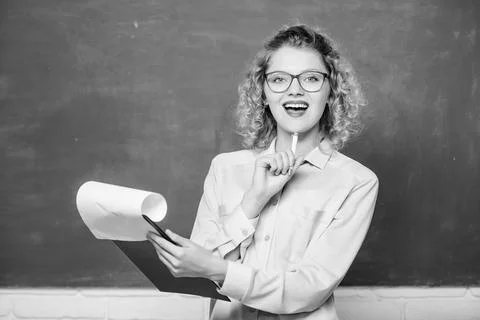 Really busy. report project. back to school. teacher with document folder. happy Stock Photos