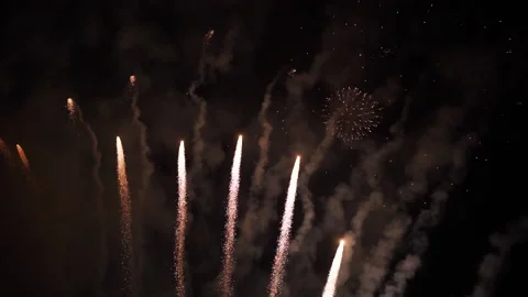 Really fireworks explode in the dark night sky. Stock Footage 220304197