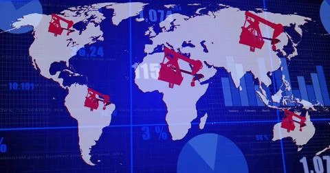 Realtime data feed updating global map, showing red oil pumpjacks, visualizing Stock Illustration
