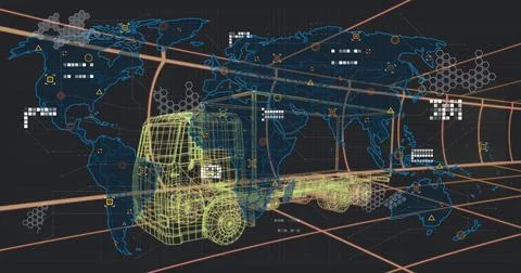 Realtime logistics data updating, green wireframe truck moving across world map, Stock Illustration