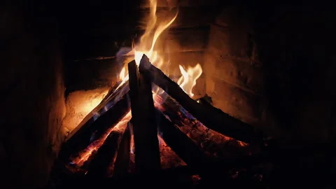 Realtime long shot of Burning Fire in the Fireplace Stock Footage 245448607