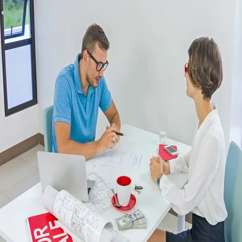 Realtor agent presenting a contract for apartment investment to young man Video stock 69515430