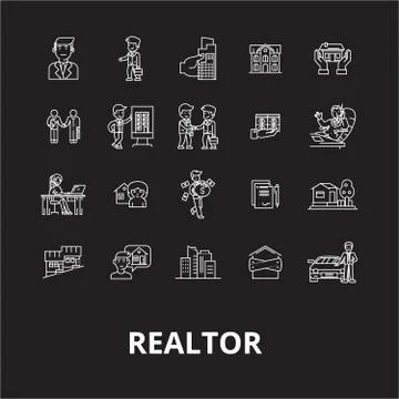 Realtor editable line icons vector set on black background. Realtor white Stock Illustration