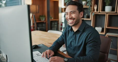 Realtor, typing and man in office with computer, smile and laughing as property Stock Footage 341572809