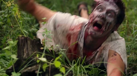 Reanimated corpse lying in the grass pulling arms Stock Footage 66552756