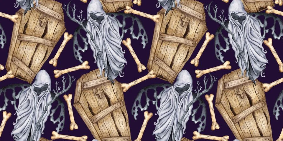 Reaper coffin pattern on blue background watercolor Stock Illustration