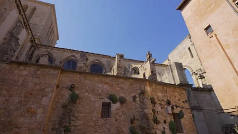 Rear and side view of Cuenca Cathedral stone walls and Gothic windows Stock Footage 340969417