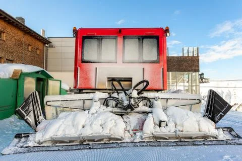 Rear back door window view covered with snow after blizzard snowfall of red 스톡 사진