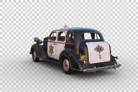 Rear corner view 3D illustration of a rusty dirty old vintage police car isol Stock Illustration