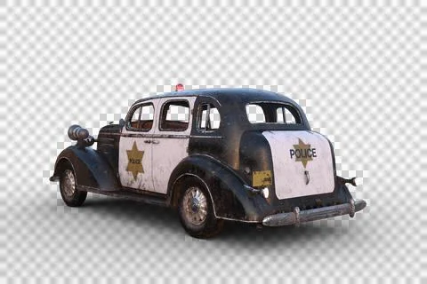 Rear corner view 3D illustration of a rusty dirty old vintage police car isol Illustrazione stock