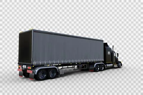 Rear corner view 3D rendering of a large black and grey articulated freight t Stock Illustration