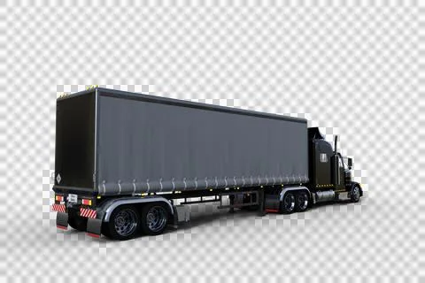 Rear corner view 3D rendering of a large black and grey articulated freight t Illustrazione stock