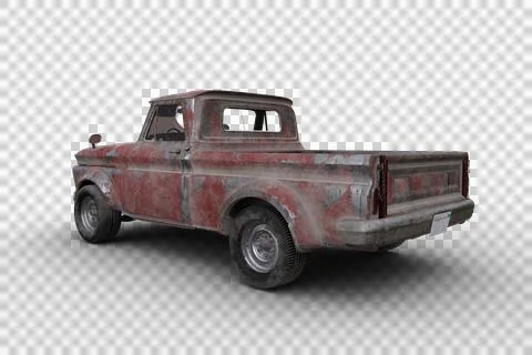 Rear corner view 3D rendering ofl a rusty old vintage red pickup truck isolat Illustrazione stock