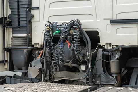 Rear coupling of a large semi-trailer. Stock Photos