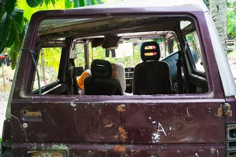 Rear damaged section of rusty abandoned van surrounded by green vegetation .. Stock Photos
