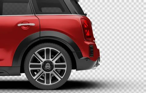 Rear left partial side view of the red Mini Cooper Countryman 2025 isolated.. Stock Illustration