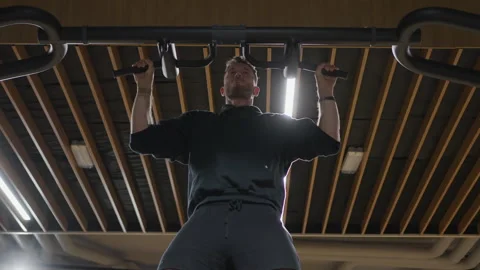 Rear Low Angle View of Man Doing Wide Grip Pull Ups Stock Footage 346488981