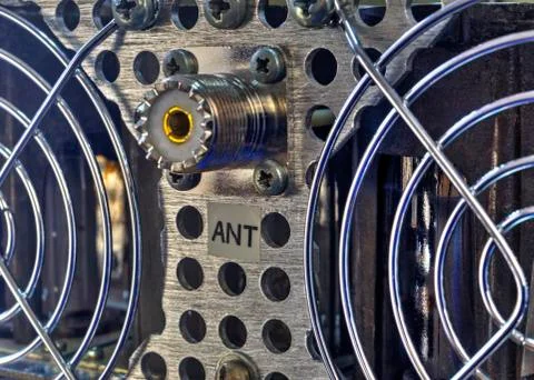 Rear panel of a high frequency power amplifier Stock Photos