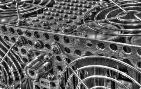 Rear panel of a high frequency power amplifier in black and white Stock Photos