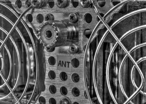 Rear panel of a high frequency power amplifier in black and white Stock Photos