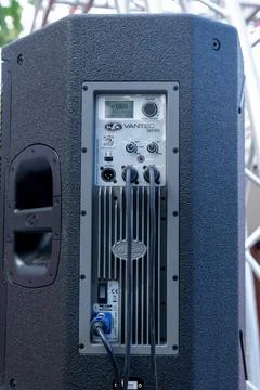 Rear panel of powered speaker with audio connections 写真素材
