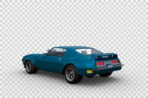 Rear perspective 3D rendering of a blue and white 1970s vintage American musc Stock Illustration