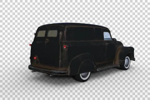 Rear perspective 3D rendering of an old black retro American panel van isolat Stock Illustration