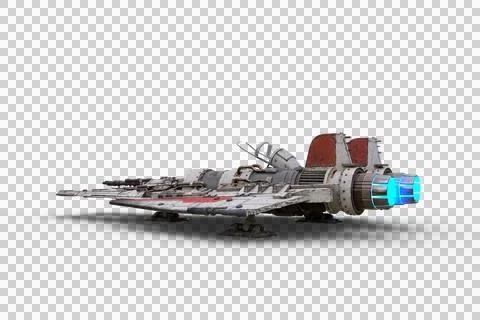 Rear perspective 3D rendering of a science fiction fantasy fighter jet powere Stock Illustration