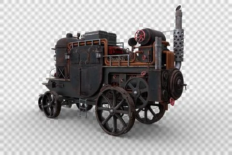 Rear perspective 3D rendering of a Steampunk style steam powered carriage wit Stock Illustration