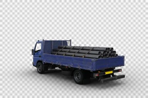 Rear perspective view 3D illustration of a blue flat bed truck loaded with pi Stock Illustration