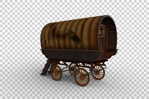 Rear perspective view 3D rendering of an old brown Romany gypsy caravan isola Stock Illustration