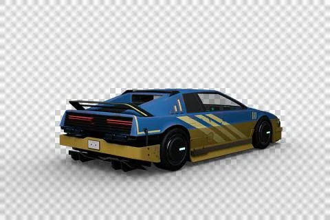 Rear perspective view 3D rendering of a blue and yellow futuristic cyberpunk  Illustrazione stock