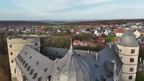 Rear pullback revealing the triangular castle layout Stock Footage 332459047