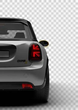 Rear right partial view from back of Mini Cooper SE Electric 2025 on transp.. Stock Illustration