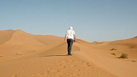 Rear shot of man walking over sand dune in vast dry Sahara desert landscape Video stock 279540435