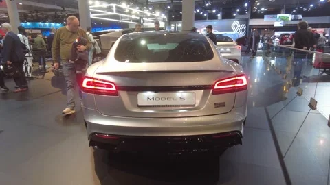 Rear three quarter silver tesla model awd brussels motor show 2026 view s Stock Footage 328207218