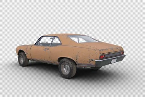 Rear view 3D rendering of an old retro American muscle car with rusty yellow  Stock Illustration