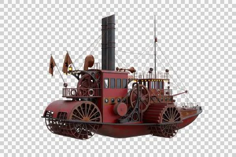 Rear view 3D rendering of a Steampunk styled paddle steamer boat isolated on  Stock Illustration