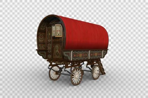 Rear view 3D rendering of a traditional red roofed Romany gypsy caravan isola Stock Illustration
