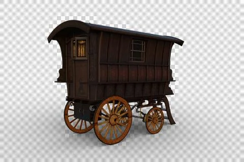 Rear view 3D rendering of a vintage wooden Romany gypsy caravan isolated on t Stock Illustration
