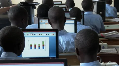 Rear view African students study data science in computer lab school-Edu Africa Stock Footage 58974423