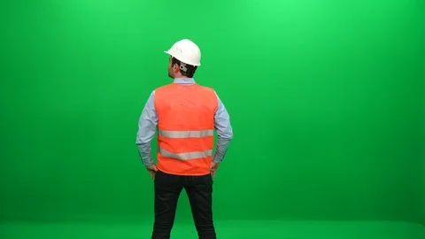 Rear View of  Architect Wearing Helmet on Green Screen Stock Footage 88652819
