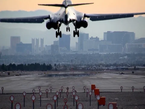 Rear view of B1 Bomber landing at Nellis Air Force Base, Nevada Stock Footage 106987277