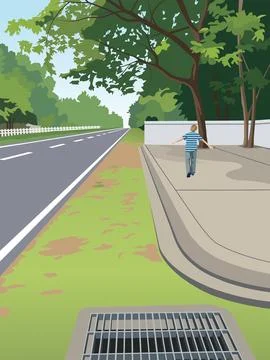 Rear view of a boy walking away with arms outstretched on a sidewalk next t.. Stock Illustration