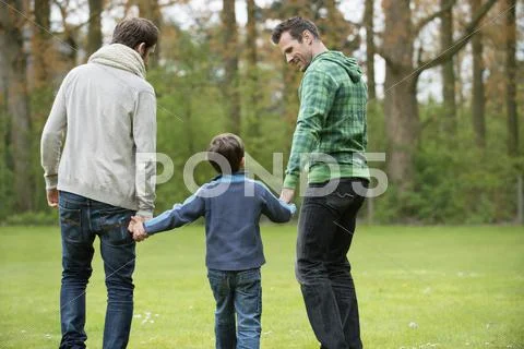 Rear view of a boy walking with two men in a park Stock Photos