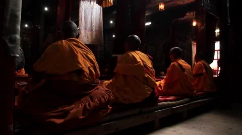Rear view of Buddhist monks praying in temple Stock Footage 62924083