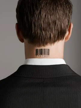 Rear View Of Businessman With Bar Code Tattoo On Neck Stock-Fotos