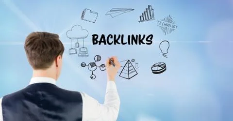 Rear view of businessman drawing backlinks icons Stock Photos
