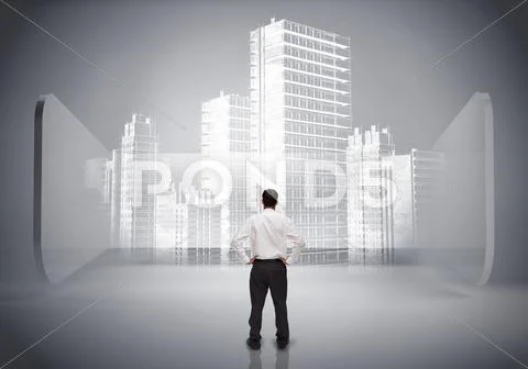 Rear view of businessman looking at holographic city Stock Photos
