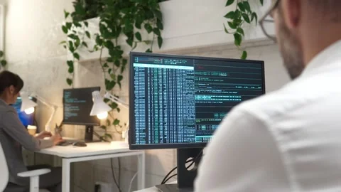 Rear view on busy male programmer coding and programming software on computer Stock Footage 241328200